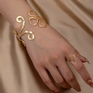 Elegant Geometric Floral Adjustable Bangle & Ring Set