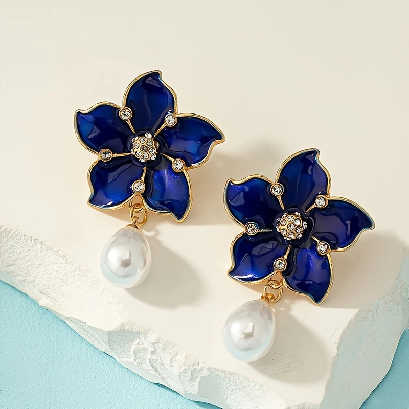 Vintage Blue Flower Dangle Earrings with Faux Pearl pic 2