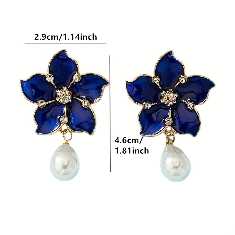 Vintage Blue Flower Dangle Earrings with Faux Pearl pic 3