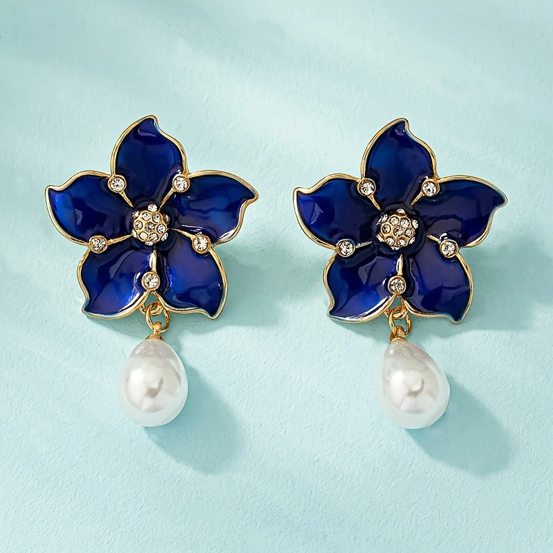 Vintage Blue Flower Dangle Earrings with Faux Pearl pic 4