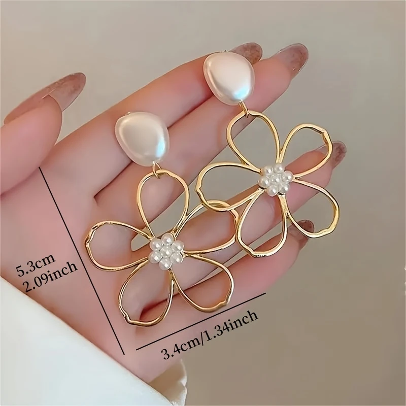 Vintage-Inspired Gold-Plated Flower Dangle Earrings with Imitation Pearl & Gemstone pic 3