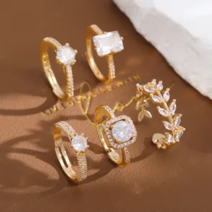 5pcs Vintage Geometric Zarcon Copper Ring Set for Women